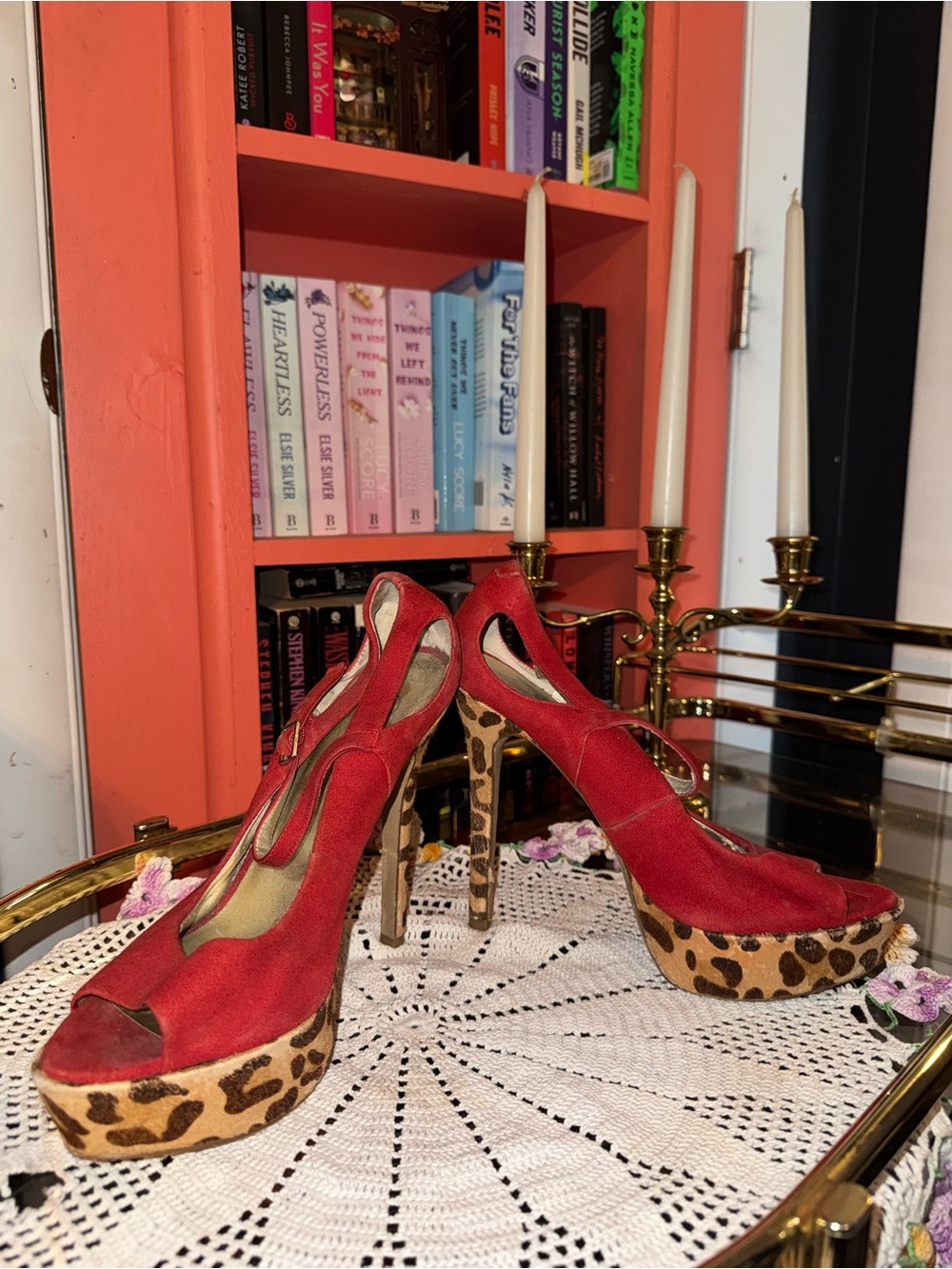 Red Peep-Toe Platform High Heels with Leopard Print Platform